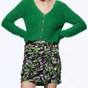 Zara Green Floral Ruched Mini Skirt Small High Waist Purple Print Y2K Fairycore